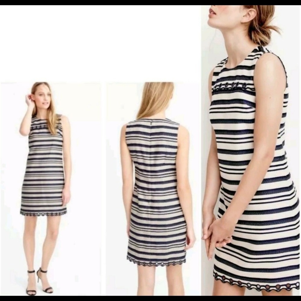 JCREW Navy/Ivory Striped Shift Dress scalloped